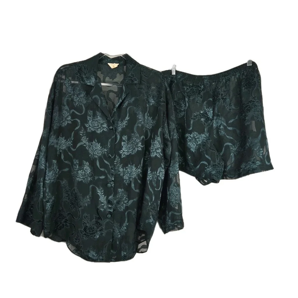 Victoria's Secret Vtg Gold Label Satin Burnout Shorts Pajama‎ Set Green Size M